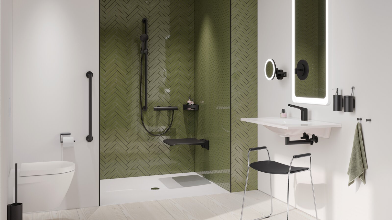 HEWI System 900 Bad mit Waschplatz, Duschbereich und WC