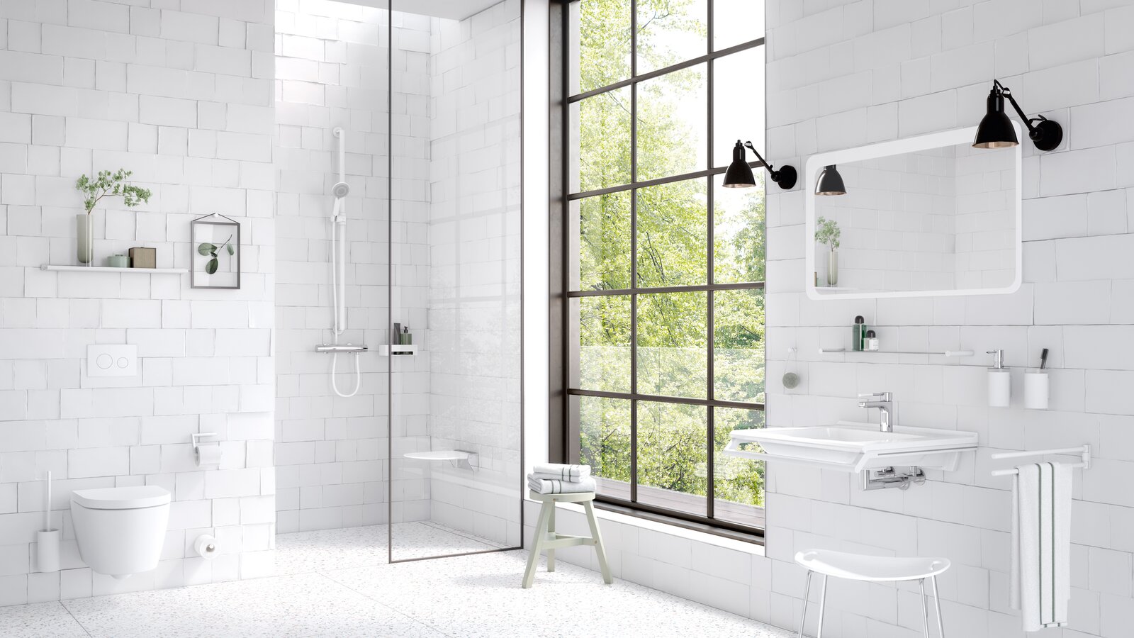 HEWI serie 162 wit mat Badkamer, uitgerust met sanitaire accessoires zoals handdoekrek, zeepdispenser, toiletrolhouder in de kleur wit mat