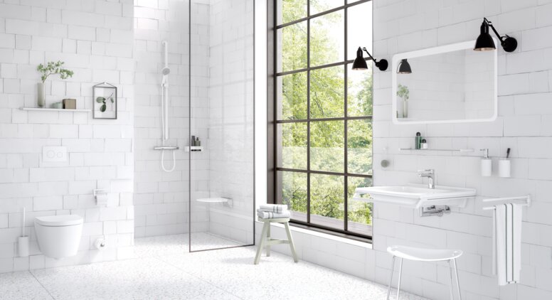HEWI serie 162 wit mat Badkamer, uitgerust met sanitaire accessoires zoals handdoekrek, zeepdispenser, toiletrolhouder in de kleur wit mat