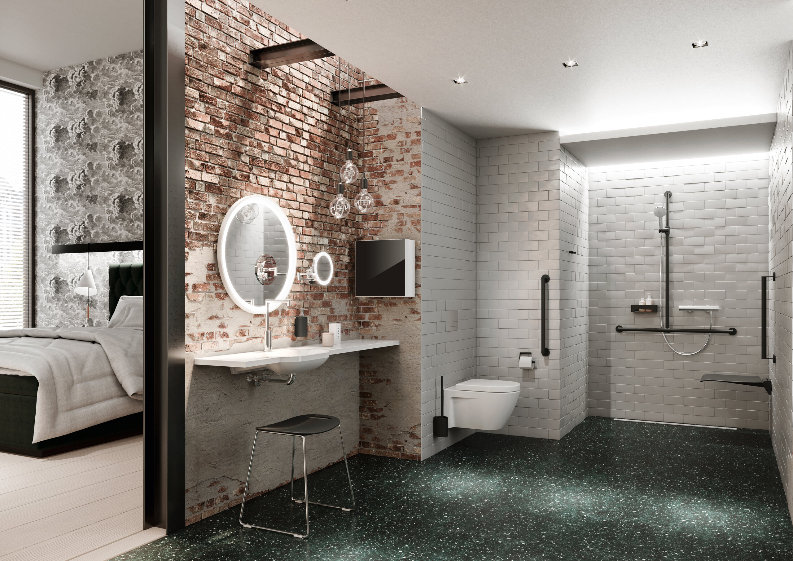 Barrièrevrije hotelbadkamer met wastafel, douche en toilet Systeem 900 met poedercoating