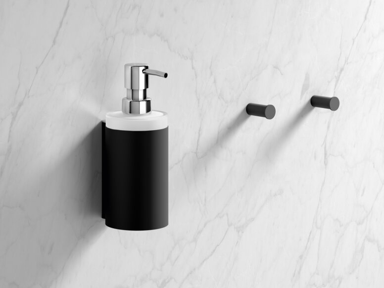 HEWI soap dispenser and towel hook Soap dispenser and towel hook in the color black