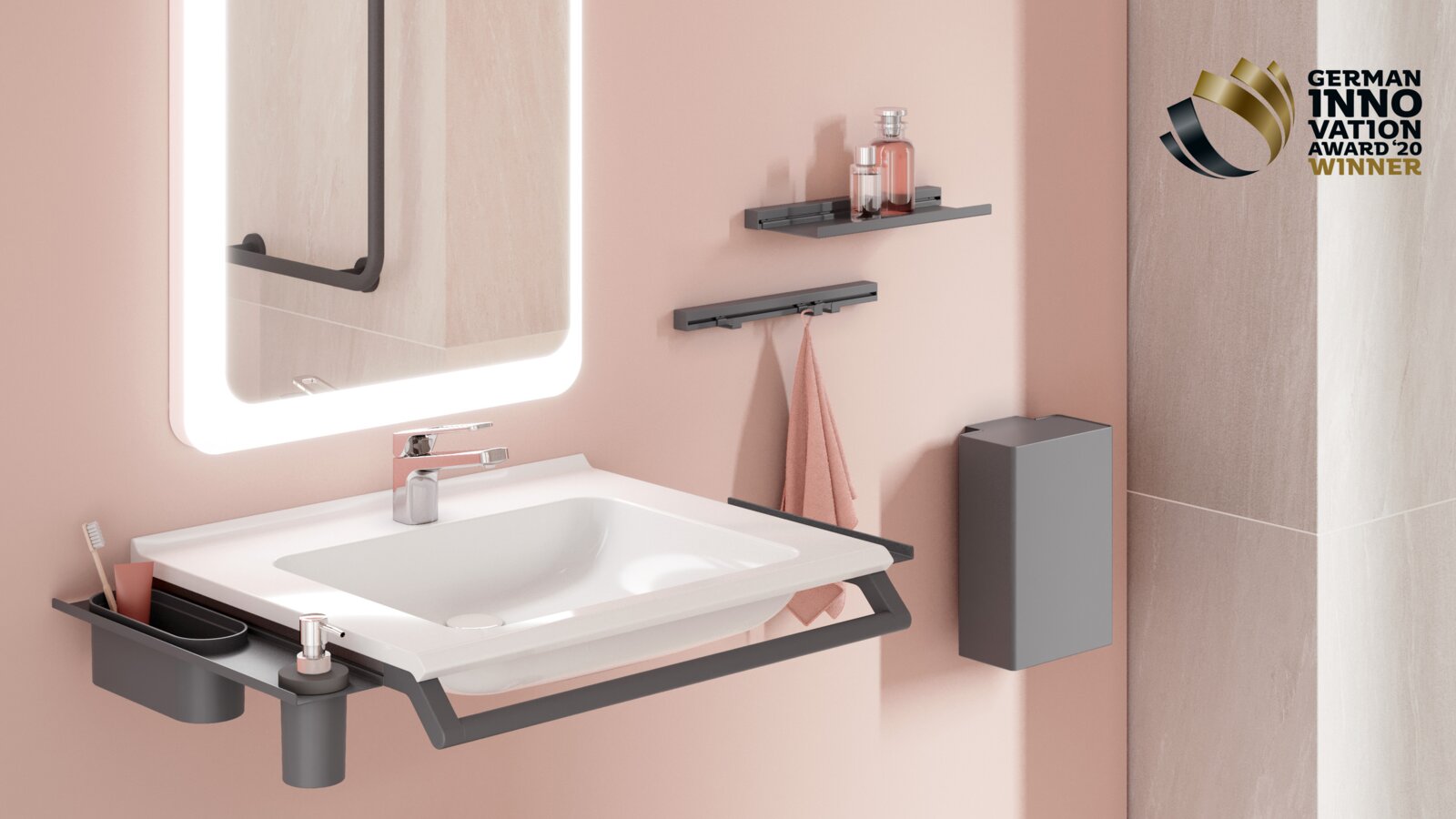 HEWI modular washbasin dark gray matt German Innovation Award Modular washbasin with grab rail and shelves for bathroom utensils in dark grey matt stainless steel