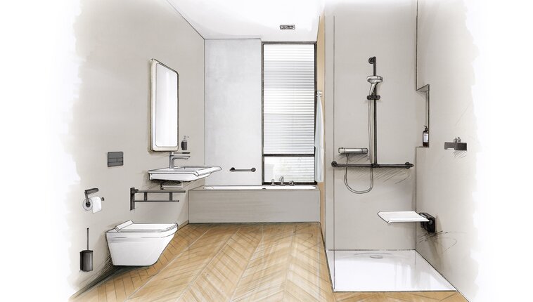 Barrierefreies Badezimmer mit bodengleicher Dusche, unterfahrbarem Waschtisch und Stützklappgriffen – KfW-Förderung Badsanierung möglich. 