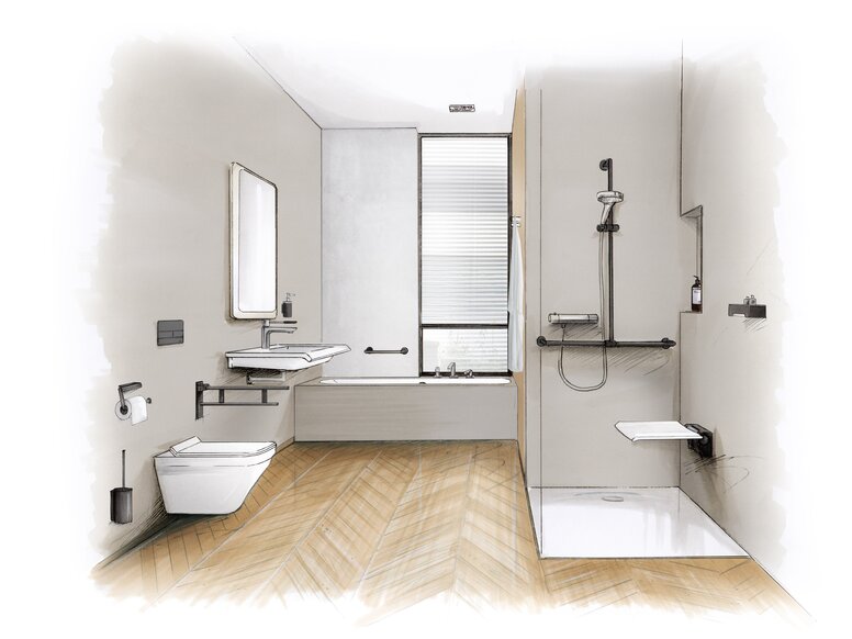 Zeichnung eines barrierefreien Bads mit Waschplatz, Duschbereich und WC ausgestattet mit HEWI System 900 in Schwarz