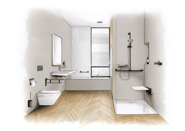 Barrierefreies Badezimmer mit bodengleicher Dusche, unterfahrbarem Waschtisch und Stützklappgriffen – KfW-Förderung Badsanierung möglich. 