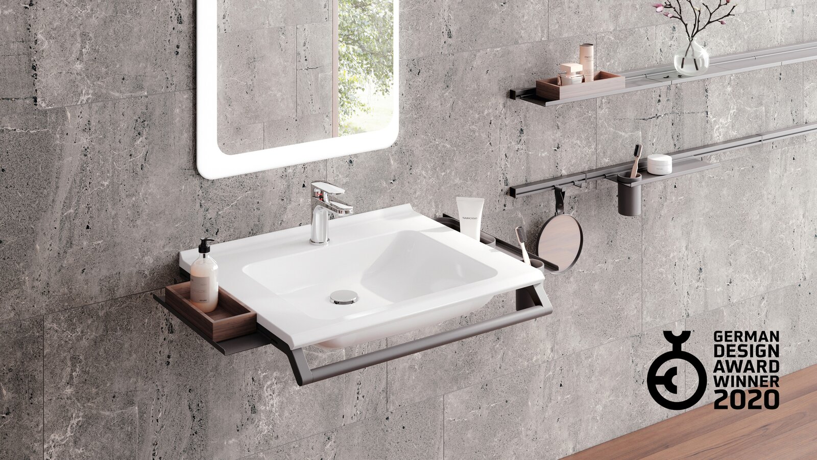 HEWI modular washbasin dark gray matt German Design Award Modular washbasin with grab rail and shelves for bathroom utensils in dark grey matt stainless steel