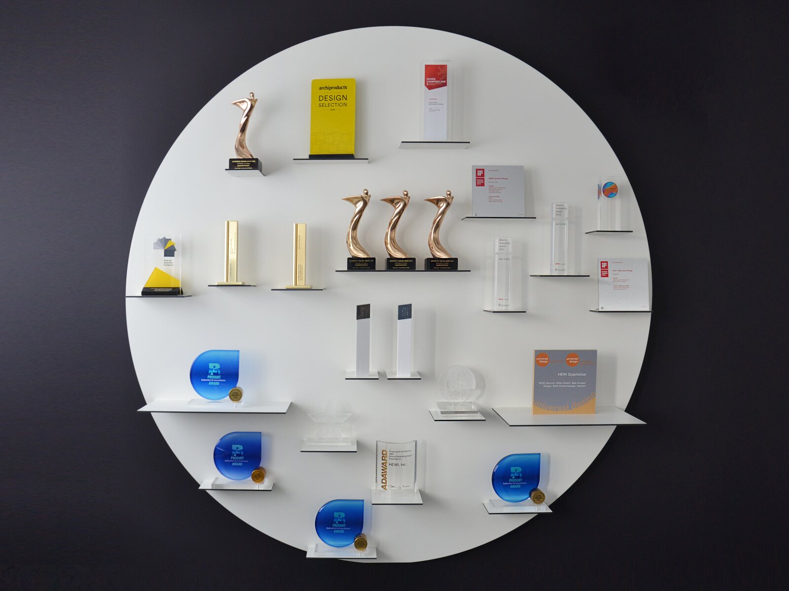 HEWI labeling wall Wall with awards won by HEWI