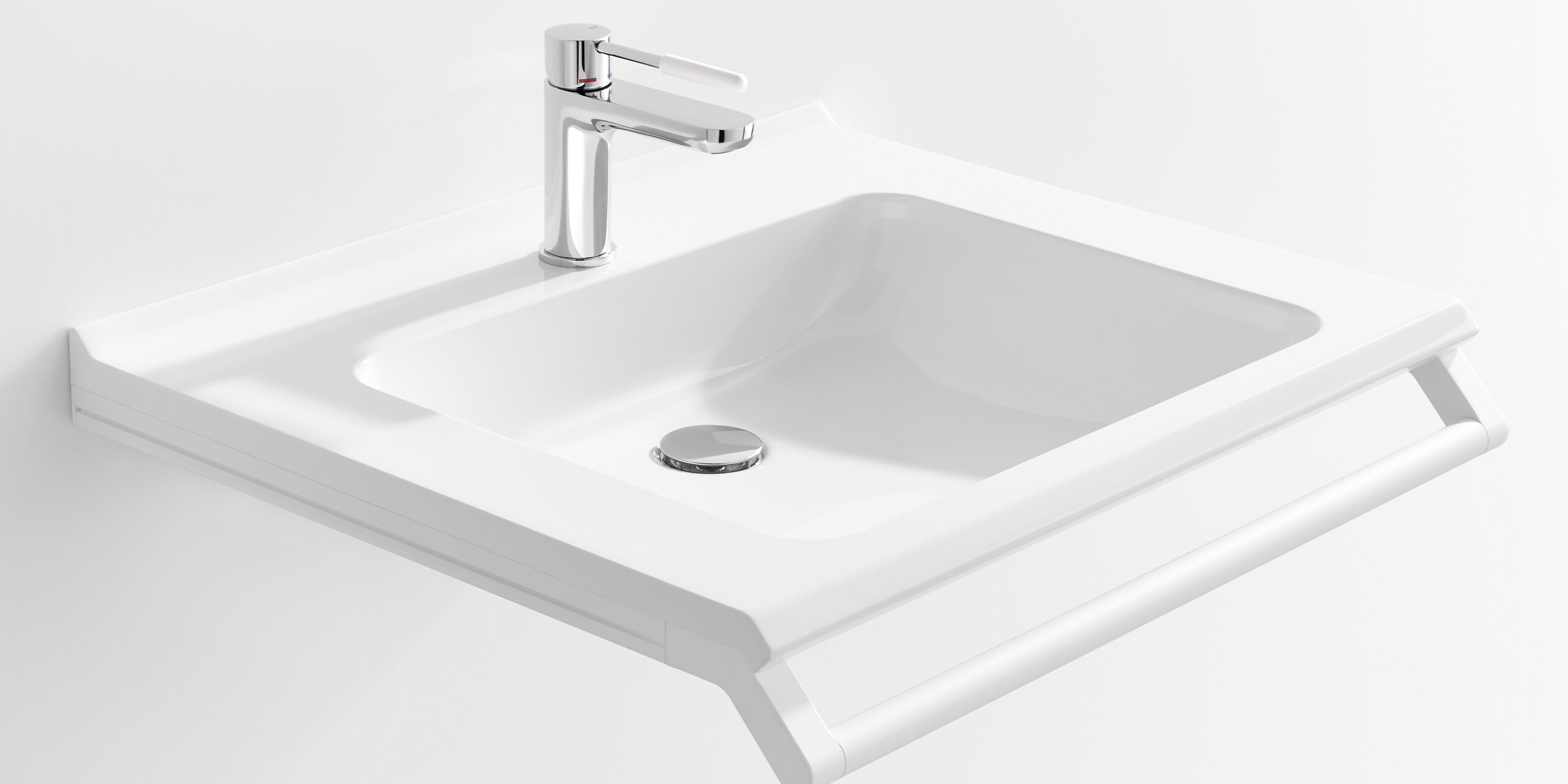 Barrier-free washbasin with grab rail in matt white stainless steel and chrome single-lever tap with white polyamide handle element
