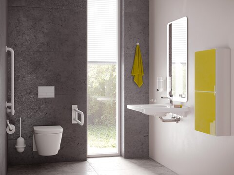 Barrier-free bathroom with washbasin and WC equipped with HEWI series 477/801 signal white matt | © HEWI Barrierefreies Bad Signalweiß matt 