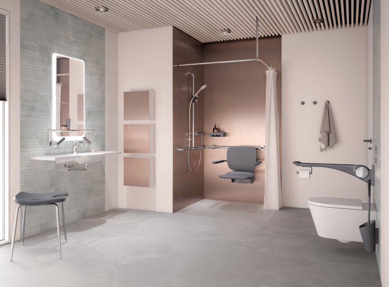 Barrièrevrije zorgbadkamer HEWI liftsysteem antraciet mat Barrièrevrije zorgbadkamer met wastafel, douche en toilet