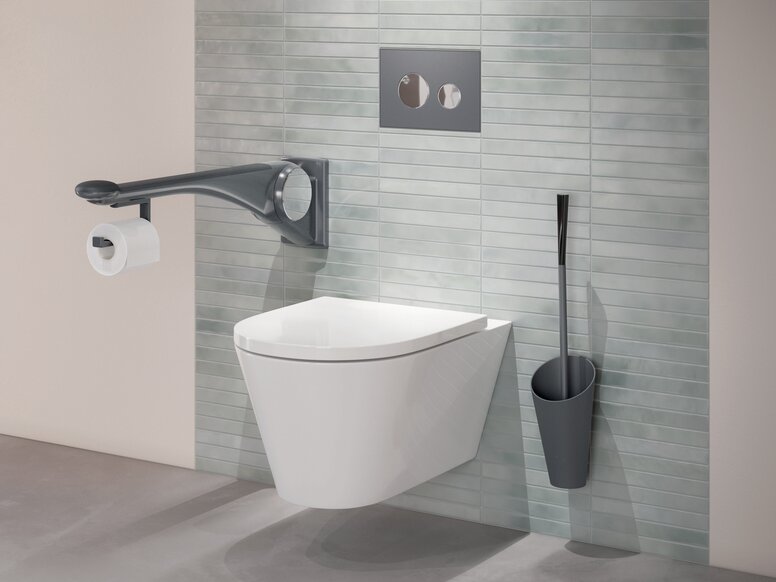 HEWI LifeSystem inklapbare steungreep antraciet mat WC uitgerust met opklapbare steungreep en toiletborstel in de kleur antraciet mat
