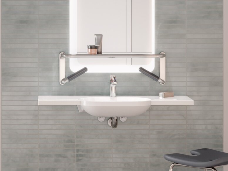 HEWI lift system anthracite Barrier-free care bathroom with washbasin and shower area