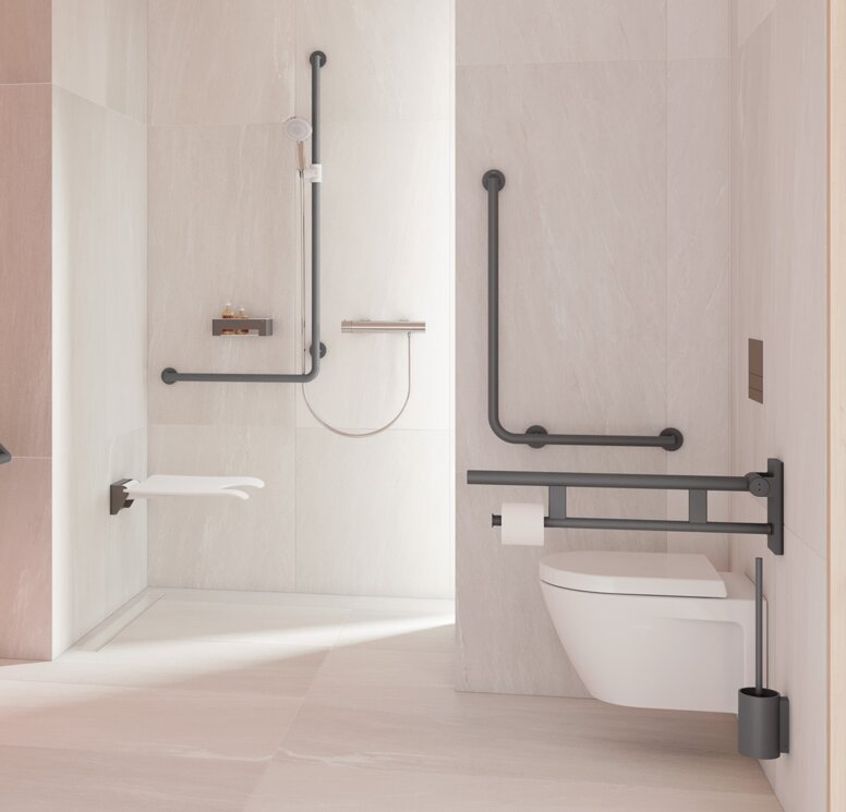 HEWI Serie 900 Anthrazit matt Barrierefreies Bad mit Waschplatz, Duschbereich und WC