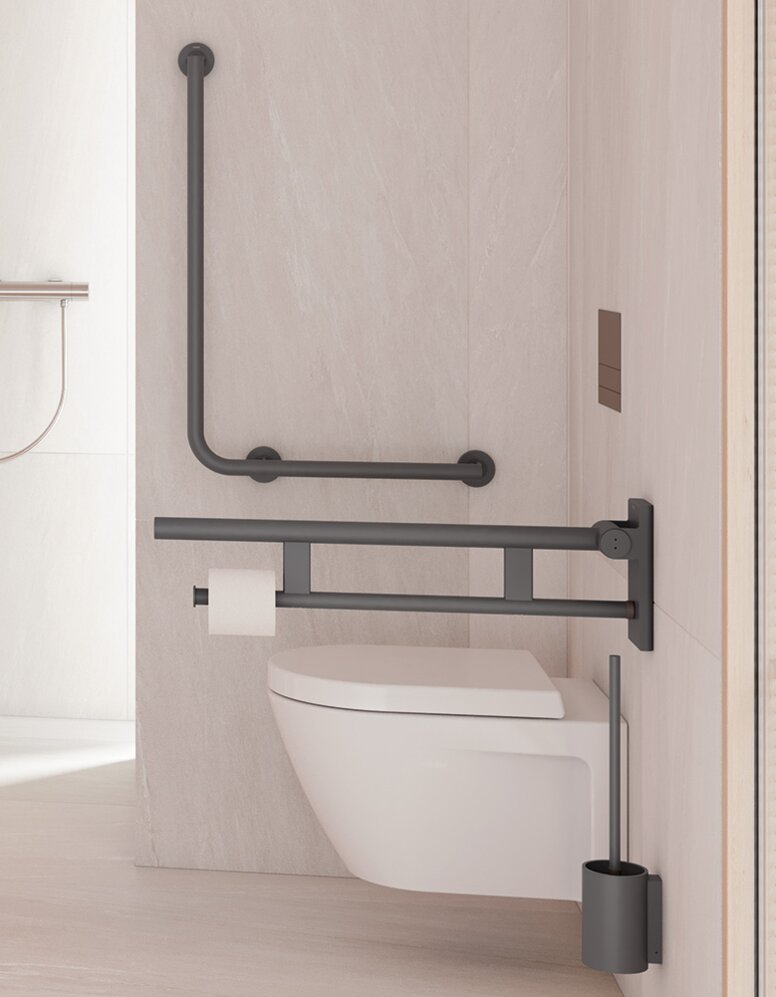 HEWI Series 900 Anthracite matt Barrier-free bathroom with washbasin, shower area and WC