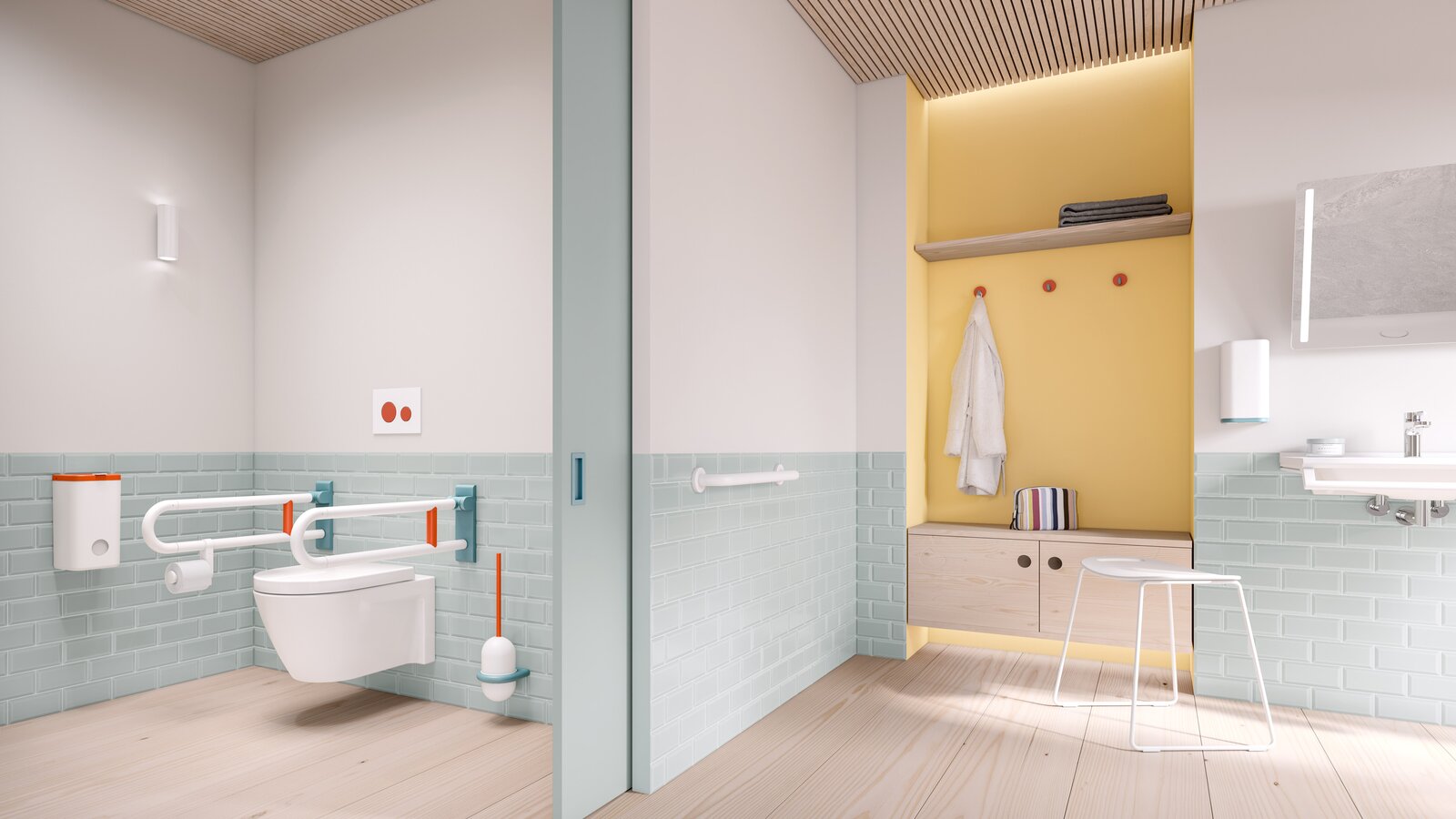Barrièrevrije badkamer uitgerust met HEWI serie 477/801 in de 3 ICONIC kleuren aqua blauw, koraal en wit