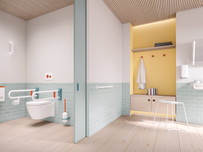 Barrier-free bathroom equipped with HEWI series 477/801 in the 3 ICONIC colours aqua blue, coral and white