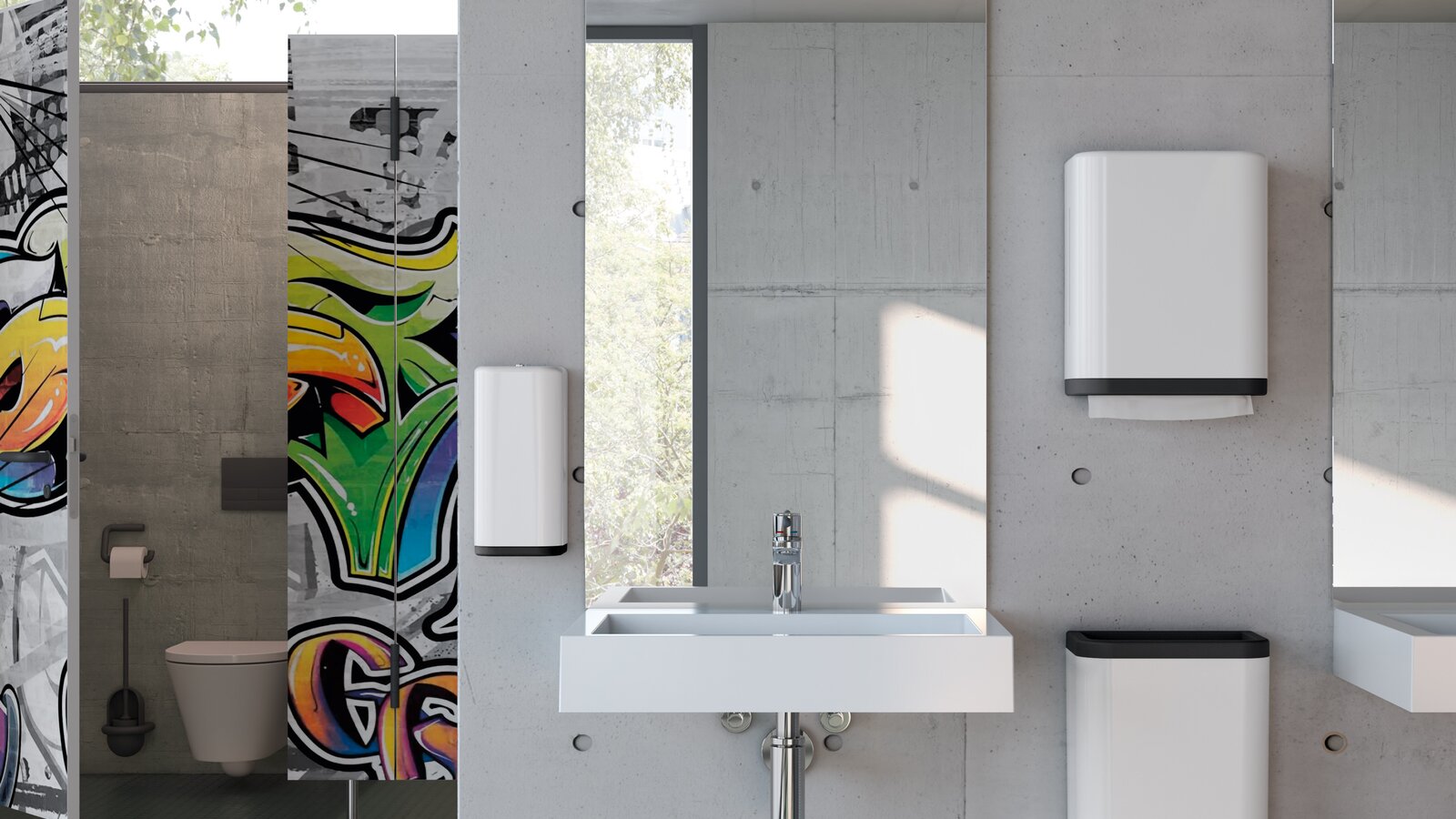 HEWI dispensersystemen 477/801 voor scholen Wastafel van een schooltoilet met zeep- en papieren handdoekdispenser in signaalwit gemaakt van polyamide