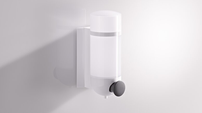 HEWI zeepdispenser met cilindrisch design in signaalwit van polyamide en drukknop in antraciet Serie 477/801