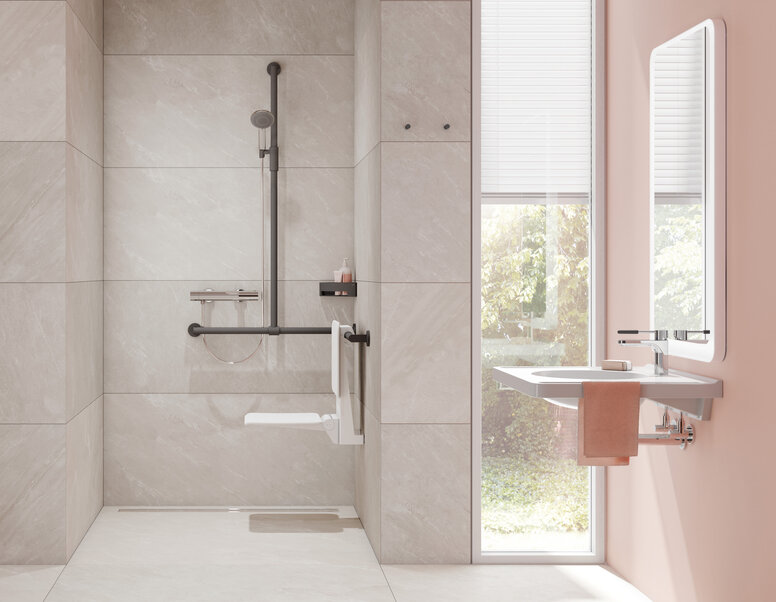 HEWI magnetic handheld shower head holder Shower area equipped with an infinitely adjustable magnetic shower holder
