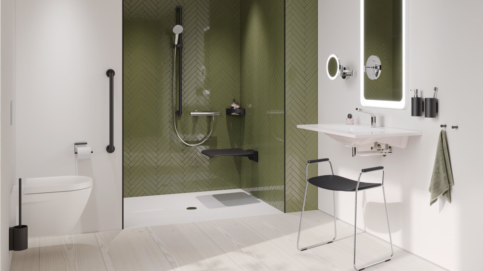 HEWI barrièrevrij badkamersysteem 900 Zwart mat Barrièrevrije badkamer met wastafel, douche en toilet